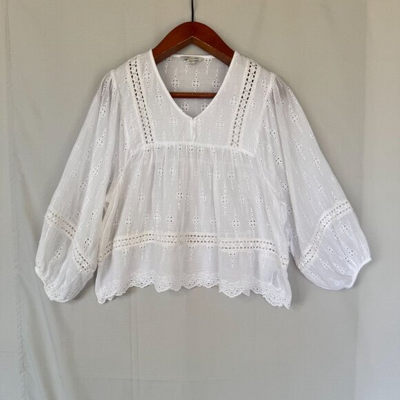 American Eagle White Embroidered Lace Ballon 3/4 Sleeve Peasant Babydoll Blouse - Picture 2 of 15